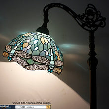 Load image into Gallery viewer, Tiffany Style Reading Floor Lamp Sea Blue Stained Glass Crystal Bead Dragonfly 12 Inch Lampshade 64 Inch Tall Arched Base Antique Light for Living Room Bedroom Coffee Table Gifts S147 WERFACTORY