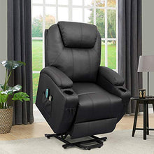 Load image into Gallery viewer, Flamaker Power Lift Recliner Chair PU Leather for Elderly with Massage and Heating Ergonomic Lounge Chair for Living Room Classic Single Sofa with 2 Cup Holders Side Pockets Home Theater Seat (Black)