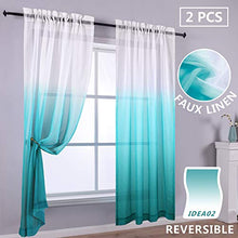 Load image into Gallery viewer, Reversible Ombre Curtains Teal White Sheer Window Curtain Panel 2 Faux Linen Semi Sheer Curtains for Bedroom Decor Kid Nursery Living Room 52 x 84 Inch Length Gradient Aqua Blue Turquoise Teal Green