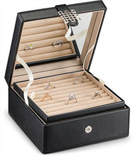 Load image into Gallery viewer, Glenor Co Ring Organizer Box - 108 Slot Classic Jewelry Display Holder - 2 Storage Trays with Modern Buckle Closure, Large Mirror - Holds Rings and Cufflinks - PU Leather Case - Black