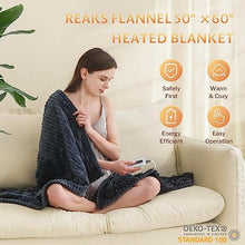 Load image into Gallery viewer, Reaks Heated Electric Blanket Throw - 50" x 60", with 4 Fast Heating Levels & 3 Hours Auto Off, Soft Flannel Heating Blankets for Home Office, UL&FCC Certification, Machine Washable, Dark Grey