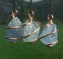 Load image into Gallery viewer, Celestite Necklace! 19" Celestite Spiral Wrapped Copper Jewelry! Rare Crystal Pendant on an 18" inch Natural Silk Chain. Ocean Blue Madagascar Celestite AKA Celestine. Metaphysical Crystal Jewelry.