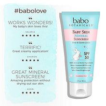 Load image into Gallery viewer, Babo Botanicals Baby Skin Mineral Sunscreen Lotion SPF 50 with 100% Zinc Oxide Active, Non-Greasy, Water-Resistant, Reef-Friendly, Fragrance-Free, Vegan - 3 oz.