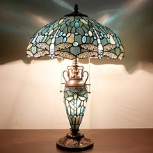 Load image into Gallery viewer, Tiffany Lamp 24 Inch Tall 3 Light Pull Chain Sea Blue Stained Glass Dragonfly Style Lampshade Beside Desk Table Lamp Antique Night Light Base for Living Room Coffee Table Bedroom S147 WERFACTORY
