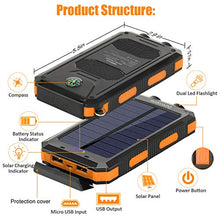 Load image into Gallery viewer, Solar Charger, Durecopow 20000mAh Portable Outdoor Waterproof Solar Power Bank, Camping External Backup Battery Pack Dual 5V USB Ports Output, 2 Led Light Flashlight with Compass (Orange)