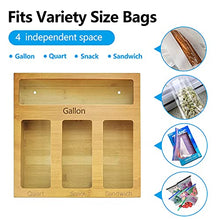 Load image into Gallery viewer, GoHoKi Ziplock Bag Storage Organizer for Kitchen Drawer, Bamboo Food Storage Ziploc Bags Baggie Organizer, Plastic Bag Holder Organizer and Dispenser for Sandwich Gallon Snack Quart Bag