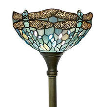 Load image into Gallery viewer, Tiffany Style Torchiere Light Floor Standing Lamp Wide 12 Tall 66 Inch Sea Blue Stained Glass Crystal Bead Dragonfly Lampshade for Living Room Bedroom Antique Table S147 WERFACTORY