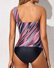 Load image into Gallery viewer, Tempt Me Pink Striped Two Piece Tankini Bathing Suits for Women One Shoulder Swim Top with Shorts Swimsuits L