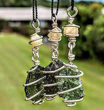 Load image into Gallery viewer, MOLDAVITE & RHODIZITE NECKLACE Wire Wrap 925 Silver on a 19" Durable Black Silk Chain! Metaphysical Reiki Healing Energy Genuine Czech Synergy 12 Crystal Pendant Tektite!