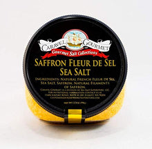 Load image into Gallery viewer, Saffron Fleur de Sel Sea Salt - All-Natural Infused Sea Salt Blend - Real Saffron & French Fleur de Sel - No Gluten, No MSG, Non-GMO - Cooking and Finishing Salt - 3.5 oz. Stackable Jar