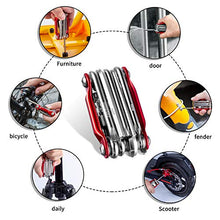 Load image into Gallery viewer, Bike Multitool, Multi Function Tools - 11 in 1 with Portable Chain Repair Tool Kit and Felt Bag - for Road and Mountain Bikes, MTB, BMX Etc - Silver + Red.