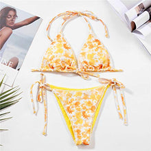 Load image into Gallery viewer, Women's Two Piece Bikini Swimsuit Set Floral Padded Top Tie Side Triangle Thong Bathing Suit Yellow