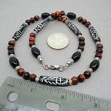 Load image into Gallery viewer, Mens Tribal Style Necklace - Carved Bone, Black Onyx, Red Tiger Eye Gemstone 18-22 inch, Handcrafted