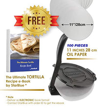 Load image into Gallery viewer, 10 Inch Cast Iron Tortilla Press by StarBlue with FREE 100 Pieces Oil Paper and Recipes e-book - Tool to make Indian style Chapati, Tortilla, Roti