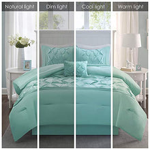 Load image into Gallery viewer, Comfort Spaces Cavoy Faux Silk Comforter Set - Luxe Diamond Tufting, All Season Bedding, Matching Bed Skirt, Decorative Pillows, King(104"x90") Aqua 5 Piece