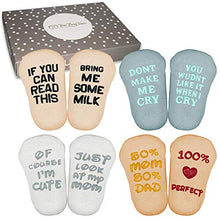 Load image into Gallery viewer, SurBaby Baby Socks Gift Set- Cute & Funny Unique Baby Shower Gifts & Registry Idea-Baby Gift Sets Unisex – 90% Cotton, Anti Slip, Cutest Gift Box – Socks with Funny Sayings (4 Unique Pairs)