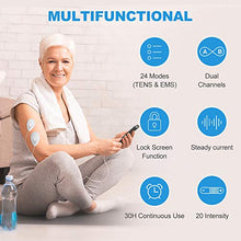 Load image into Gallery viewer, NURSAL Dual Channel EMS TENS Unit 24 Modes Muscle Stimulator for Pain Relief & Muscle Strength with 14 Pads, Rechargeable TENS Machine Pulse Massager with Storage Pouch/Pads Holder/Lanyard/Cable Ties