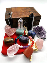 Load image into Gallery viewer, Crystal Chakra Healing Gift/Balancing Chakra Crystal Set:7 Tumbled Stones,Amethyst Cluster,Raw Rose Quartz,Clear Crystal Wand,Obsidian Crystal Point,Pendulum,Chakra Bracelet,for Meditation,Decoration
