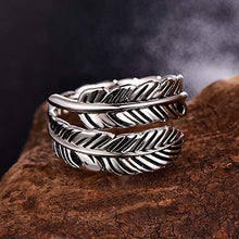Load image into Gallery viewer, AVECON 925 Sterling Silver Adjustable Feather Ring Vintage Statement Leaf Ring for Women Men