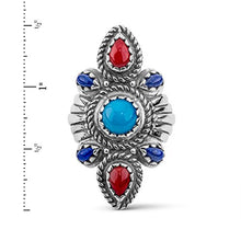 Load image into Gallery viewer, American West Sterling Silver Turquoise, Blue Lapis and Red Coral Gemstone Scalloped Bold Ring Size 5