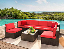 Load image into Gallery viewer, Devoko 7 Pieces Outdoor Sectional Sofa Patio Furniture Sets Manual Weaving Wicker Rattan Patio Conversation Sets with Cushion and Glass Table (Red)