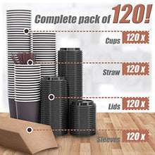 Load image into Gallery viewer, To Go Coffee Cups 120 Pack, Paper Coffee Cups With Lids Straws and Sleeves, Disposable Hot Beverage 12Oz Paper Coffee Cup