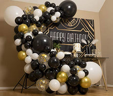 Load image into Gallery viewer, 4 Sizes – Black White Gold Balloon Garland Kit & Arch for New Years, Graduation or Birthday – Small and Large Black and White Balloons with Gold Confetti – Party Decorations for Gatsby Roaring 20s