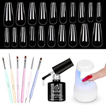 Load image into Gallery viewer, Beetles Nail Art Brushes Set with Nail Tips and Glue Gel Nail Kit, 2 In 1 Nail Gel and Base Gel with 500Pcs Coffin Nails and Innovative UV Lamp Easy DIY Nail Fast Nail Extension Set
