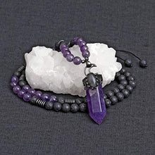 Load image into Gallery viewer, Top Plaza Natural Stone Healing Crystal Amethyst Hexagonal Pointed Gemstone Pendant Necklace Crescent Moon Jewelry Adjustable Lava Rock Beads Necklaces for Women Men
