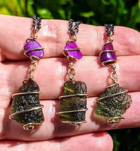 Load image into Gallery viewer, MOLDAVITE & SUGILITE Pendant in Real Gold! 12 Kt Genuine Crystal 19" Necklace. Synergy 12 Tektite Metaphysical Jewelry Meteorite Wire Wrap Stone