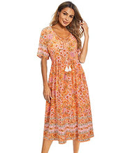 Load image into Gallery viewer, Arach&Cloz Women's Boho Tie Neck Printed Short Sleeve Floral Summer Loose Tassels Casual Midi Dress with Pockets (Floral01,S)