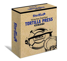 Load image into Gallery viewer, 10 Inch Cast Iron Tortilla Press by StarBlue with FREE 100 Pieces Oil Paper and Recipes e-book - Tool to make Indian style Chapati, Tortilla, Roti