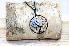 Load image into Gallery viewer, Tree of Life Pendant Opalite Moonstone Full Moon Black Wire Wrapped Halloween Jewelry Spooky Tree Necklace