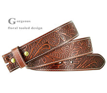 Load image into Gallery viewer, Genuine Full Grain Western Floral Engraved Tooled Leather Belt Strap 1-1/2" Wide (Tan, 34)