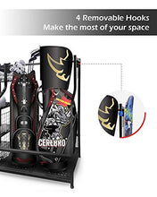 Load image into Gallery viewer, Mythinglogic Golf Storage Garage Organizer, 2 Golf Bag Storage Stand and Other Golfing Equipment Rack & 4 Removable Hooks, Extra Large Design for Golf Clubs Accessories