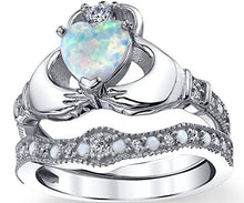 Load image into Gallery viewer, Sterling Silver 925 Heart Shape Claddagh Engagement Ring Wedding Bridal Sets with White Simulated Opal 7