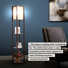 Load image into Gallery viewer, Brightech Maxwell - LED Shelf Floor Lamp - Modern Standing Light for Living Rooms and Bedrooms - Asian Wooden Frame with Open BoxDisplay Shelves - Havana Brown
