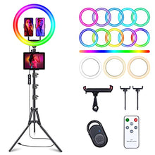 Load image into Gallery viewer, 12" Selfie Ring Light with 63" Tripod Stand & 3 Phone Holder, LED Camera Ringlight with 48 RGB Colors Modes & Musical Rhythm Mode and 12 Brightness Dimmable for Makeup/Photography/Videos/Vlog/TikTok