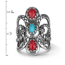 Load image into Gallery viewer, American West Sterling Silver Red Coral and Blue Turquoise Gemstone Twisted Rope & Zigzag Motif Ring Size 07