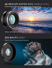 Load image into Gallery viewer, CoPedvic Phone Camera Lens Phone Lens for iPhone Samsung Pixel Android, 22X Telephoto Lens, 4K HD 0.67X Super Wide Angle Lens&25X Macro Lens, 205° Fisheye Lens, Work as Telescope with Metal Tripod