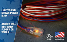 Load image into Gallery viewer, Southwire 2549 100-Feet, Contractor Grade, 12/3, Lighted End Red White and Blue, American Made, Indoor and Outdoor Use, Water Resistant Flexible Jacket Extension Cord