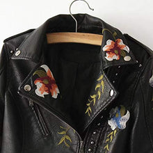 Load image into Gallery viewer, Ultramall Leather Jacket Women Casual Long Sleeve Embroidered Studded Zipper Slim Black Motorcycle Jacket Short Coat