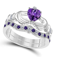 Load image into Gallery viewer, DS Jewels 14k Gold Plated Alloy Claddagh Bridal Set Ring 1.00 ctw Heart Cut CZ Amethyst & Cubic Zirconia Curved Wedding Band & Crown Engagement Ring Size 4 to 11