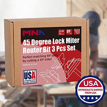 Load image into Gallery viewer, MNA 45 Degree Lock Miter Router Bit 3-Piece Set, for 1/2”, 5/8”, 3/4” Cutting Height, 1/4 Inch Shank. Easy to Create Lock Miter Joint