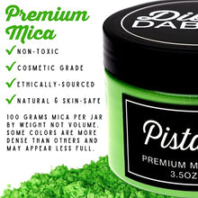 Load image into Gallery viewer, Dibble Dabble Mica Powder - Pistachio 100g - Cosmetic Grade Mica Pigment Powder for Soap Making, Epoxy Resin, Lip Gloss, Nails, Bath Bombs, Slime (Green)