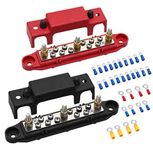 Load image into Gallery viewer, Mofeez Bus Bar -3x1/4”Post,10x#8 Screw Terminal Power Distribution Block with Ring Terminals(Pair - Red & Black)