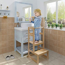 Load image into Gallery viewer, AMBIRD Toddler Step Stool, 3 Adjustable Height Kitchen Step Stool for 18-48 Months Kids, Wooden Toddler Kitchen Stool with Rail & Non-Slip Mat for Kitchen & Bathroom Sink (Natural Color)