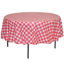 Load image into Gallery viewer, Exquisite 12 Pack Premium Round Plastic Checkered BBQ Tablecloth - Red & White Gingham Checkerboard Disposable Plastic Tablecloth 84 inch. Round