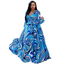 Load image into Gallery viewer, Nuofengkudu Womens Sheer Summer Boho V-Neck Printed Floral Maxi Dress Long Sleeve Dresses Slim Waisted Plus (Blue) L