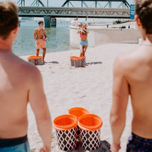 Load image into Gallery viewer, BasketPongβ’ Giant Yard Pong X Basket Ball Game with Durable Balls and Buckets - Outdoor Game for Lawn, Backyard and Beach - Set Includes 12 Buckets, 2 Basket Balls and a Carrying Bag